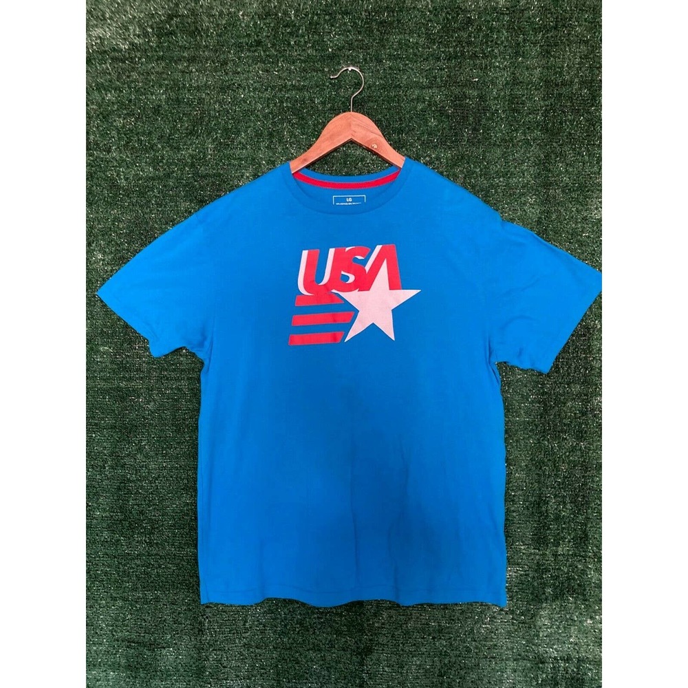 Men's Retro USA T-Shirt Graphic Print Blue Crew Neck Short Sleeves Size L